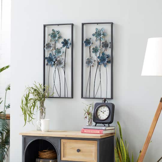 Blue & Gray Framed Floral Metal Wall Accent, 2ct.